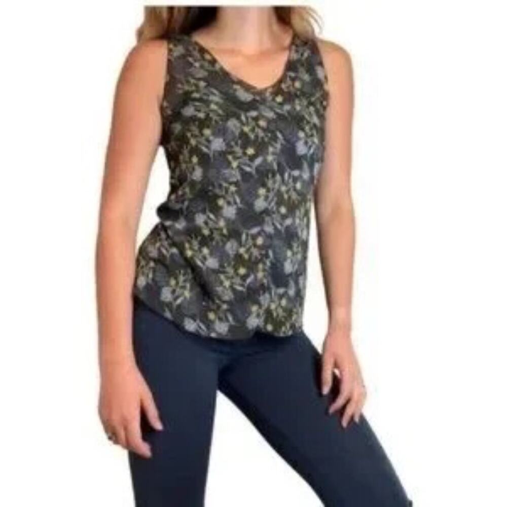 Cabi Fern gray blue yellow floral print sheer layered sleeveless top Large #3450